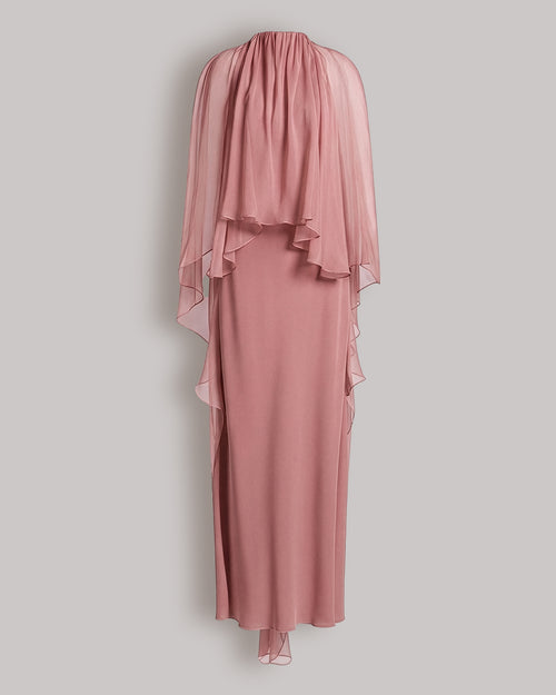 Abito Lungo in Enver Satin con Cappa in Chiffon Rosa Alberta Ferretti Boutique Online 0