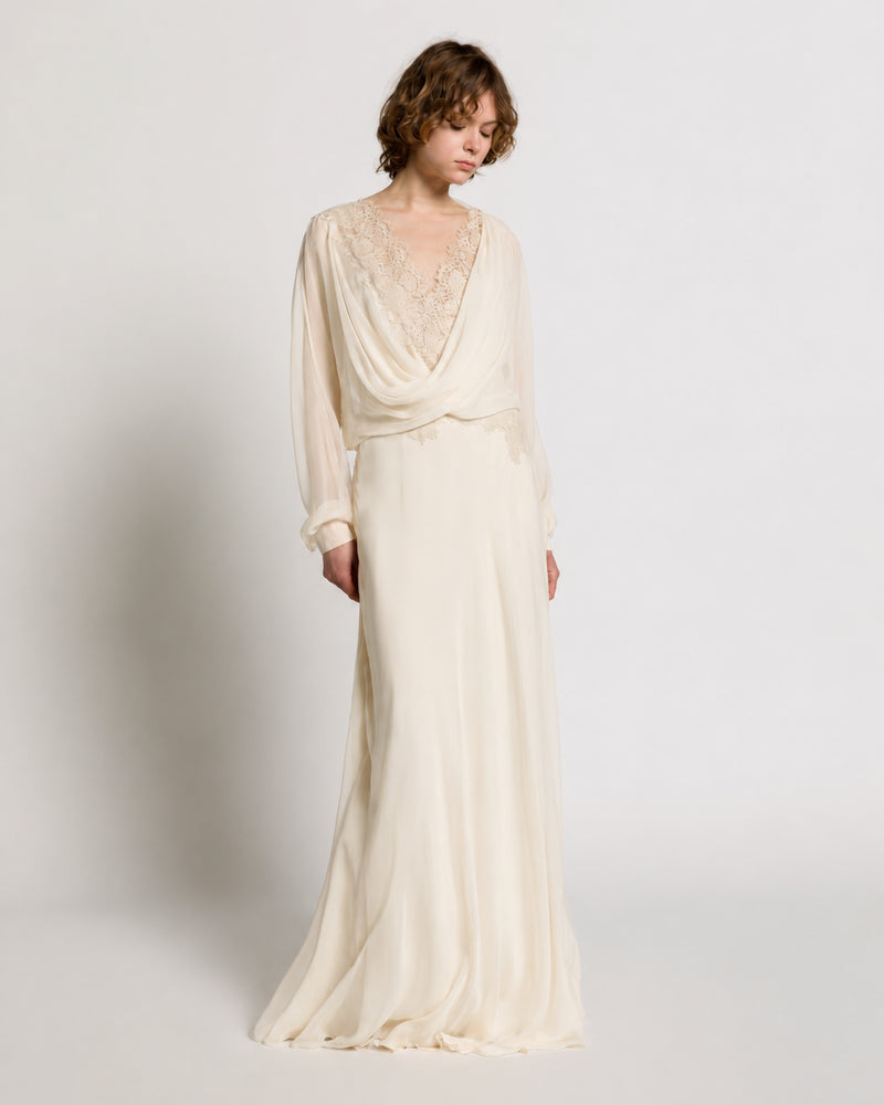 Langes Chiffonkleid mit Spitzeneinsätzen Elfenbein Alberta Ferretti Boutique Online 0