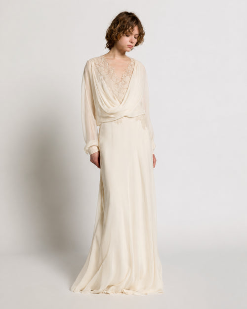 Silk chiffon long dress with lace inserts Ivory Alberta Ferretti Boutique Online 1