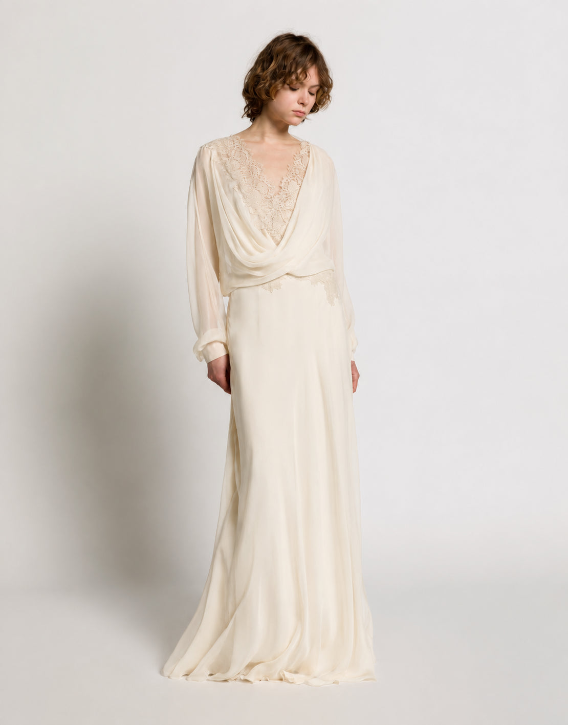 Silk chiffon long dress with lace inserts Ivory Alberta Ferretti Boutique Online 2