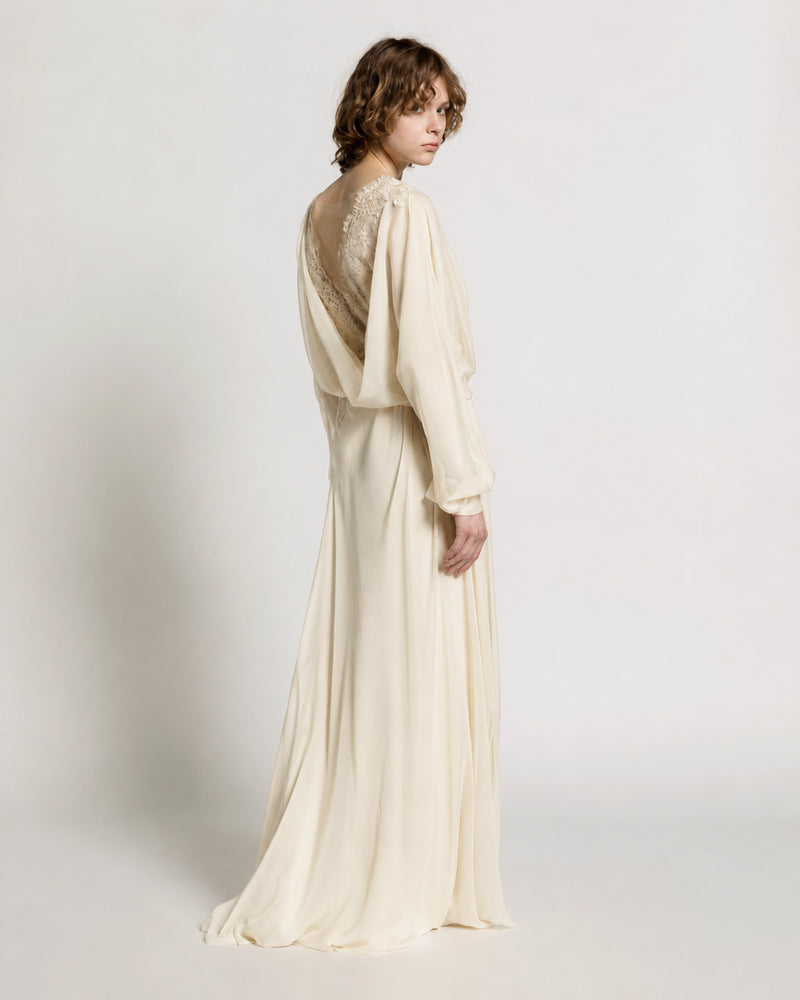 Langes Chiffonkleid mit Spitzeneinsätzen Elfenbein Alberta Ferretti Boutique Online 1