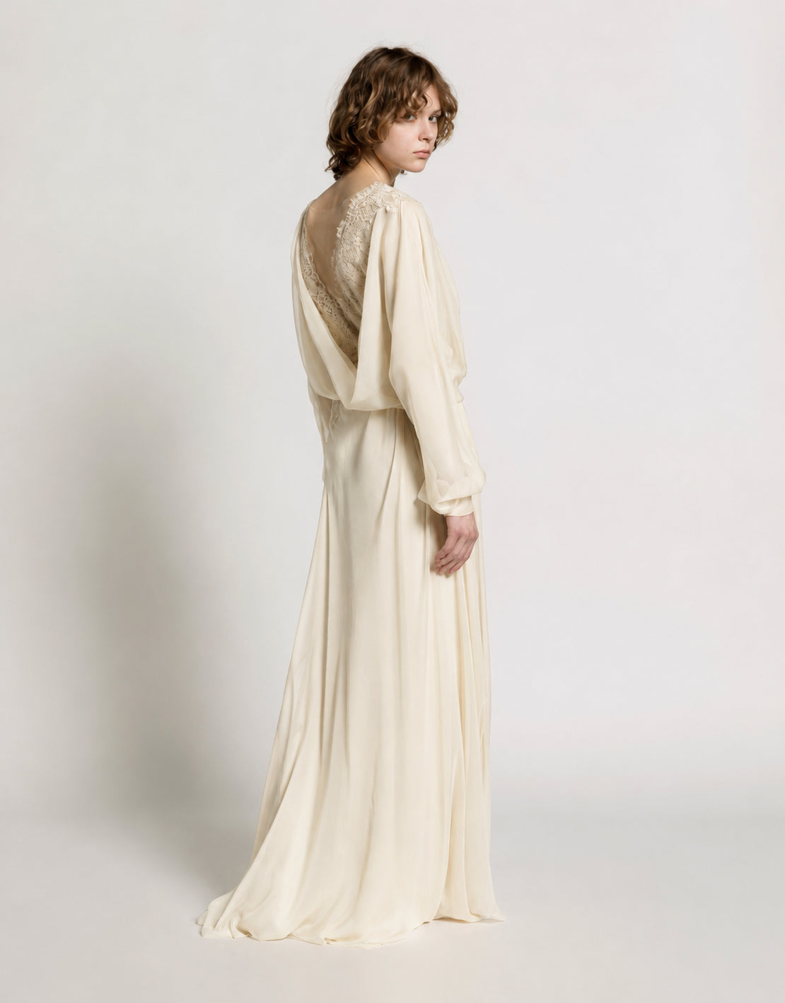 Silk chiffon long dress with lace inserts Ivory Alberta Ferretti Boutique Online 3