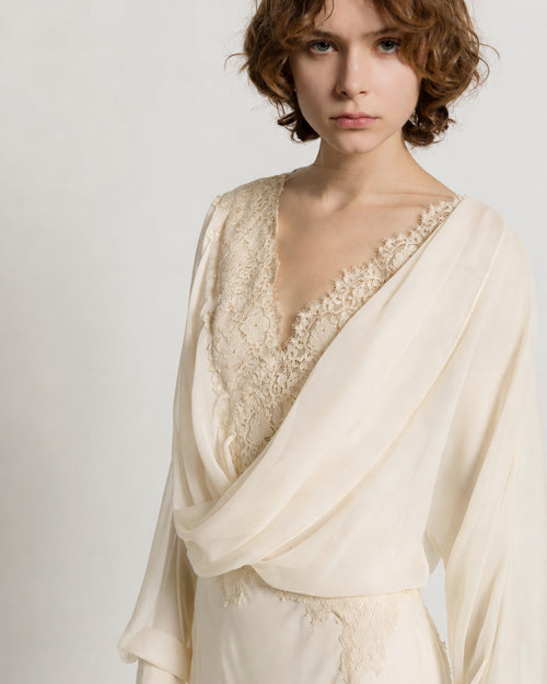 Silk chiffon long dress with lace inserts