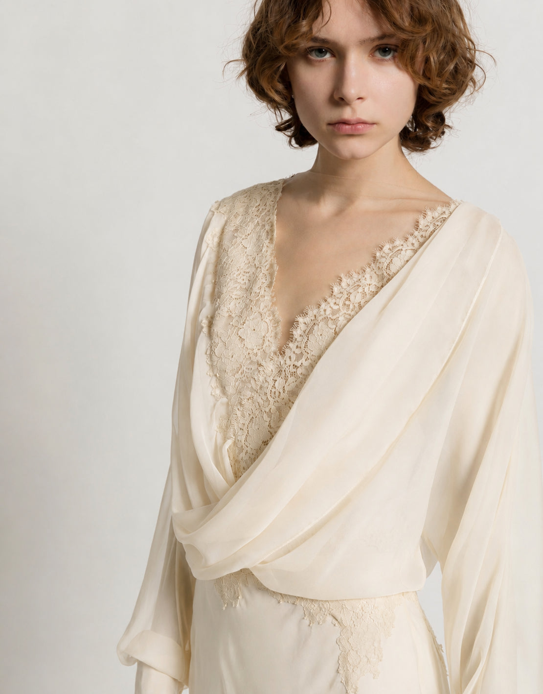 Silk chiffon long dress with lace inserts Ivory Alberta Ferretti Boutique Online 4