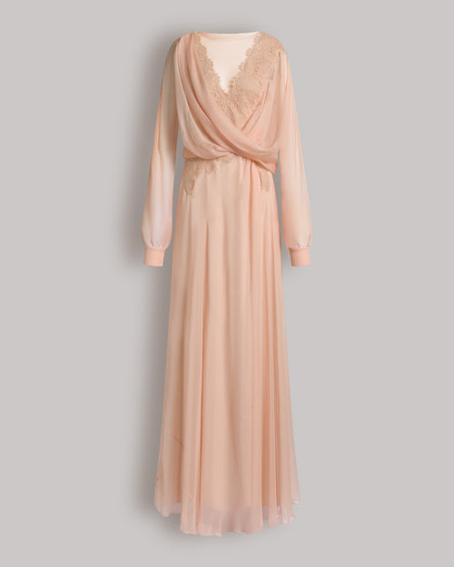 Silk chiffon long dress with lace inserts