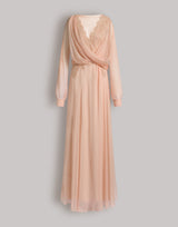 Silk chiffon long dress with lace inserts