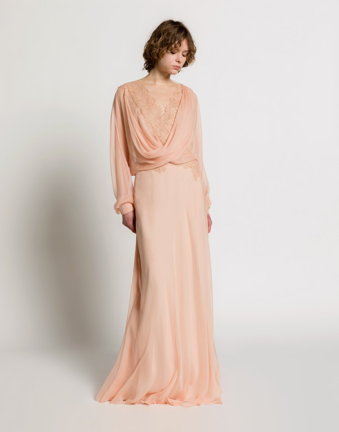 Silk chiffon long dress with lace inserts Pink Alberta Ferretti Boutique Online 1