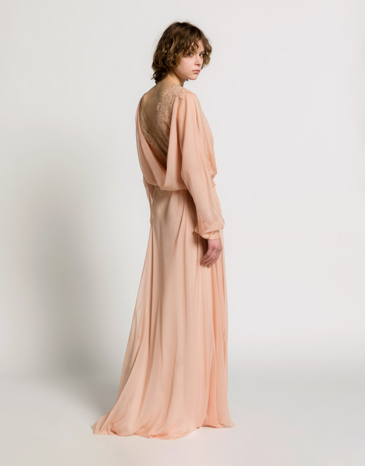 Silk chiffon long dress with lace inserts Pink Alberta Ferretti Boutique Online 2