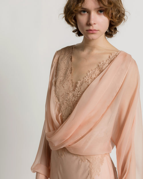 Silk chiffon long dress with lace inserts