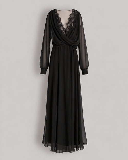 Silk chiffon long dress with lace inserts Black Alberta Ferretti Boutique Online 0