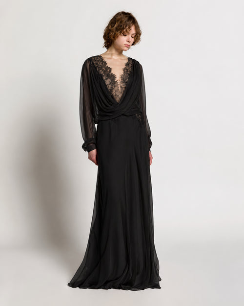 Silk chiffon long dress with lace inserts Black Alberta Ferretti Boutique Online 1