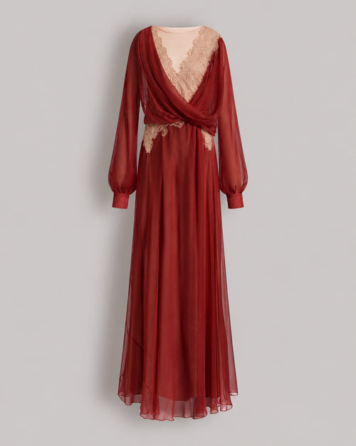 Silk chiffon long dress with lace inserts 红色 Alberta Ferretti Boutique Online 0