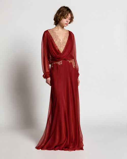 Silk chiffon long dress with lace inserts 红色 Alberta Ferretti Boutique Online 1
