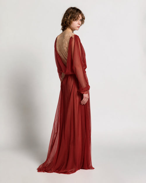 Silk chiffon long dress with lace inserts