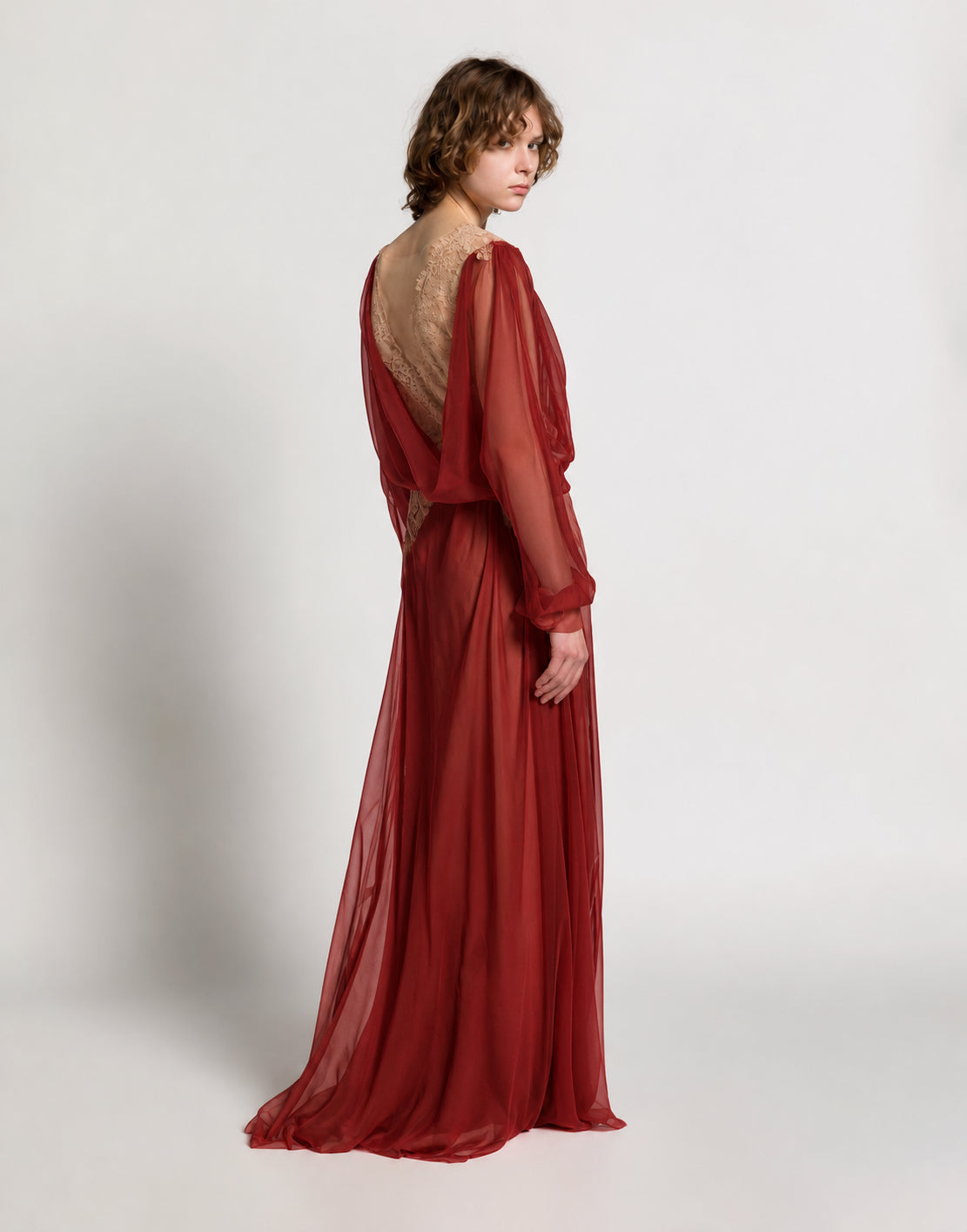 Silk chiffon long dress with lace inserts Red Alberta Ferretti Boutique Online 3