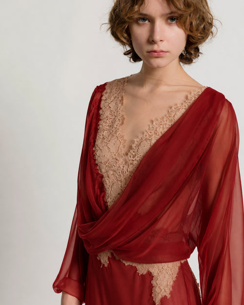 Silk chiffon long dress with lace inserts