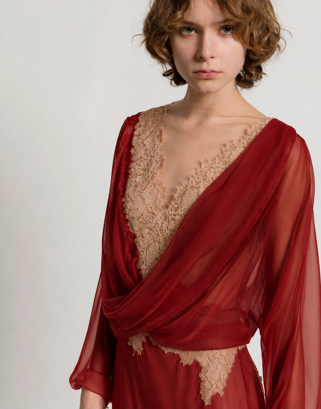 Silk chiffon long dress with lace inserts Red Alberta Ferretti Boutique Online 4