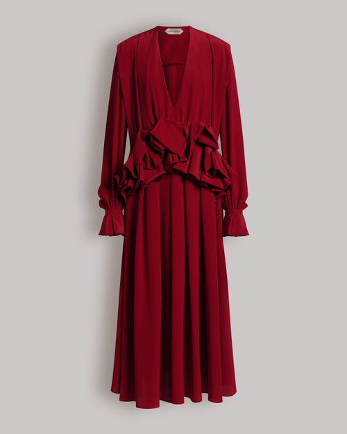 Abito lungo in crêpe de chine con rouches Rosso Alberta Ferretti Boutique Online 0