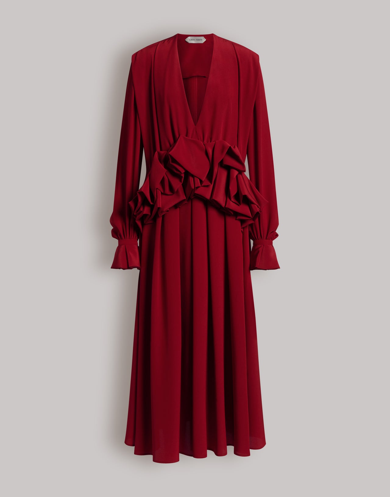 Langes Crêpe-de-Chine-Kleid mit Rüschen und Rückengürtel Rot Alberta Ferretti Boutique Online 1