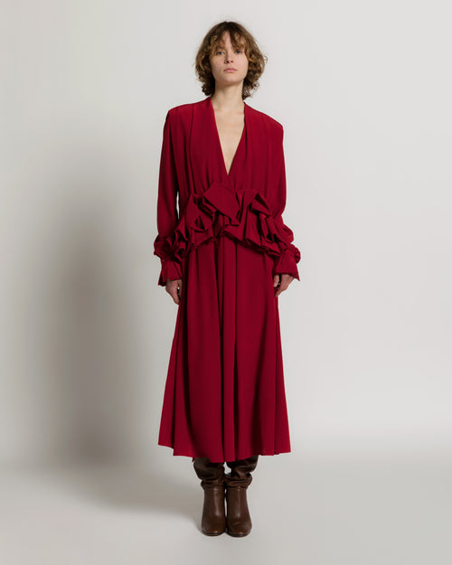 Abito lungo in crêpe de chine con rouches Rosso Alberta Ferretti Boutique Online 1
