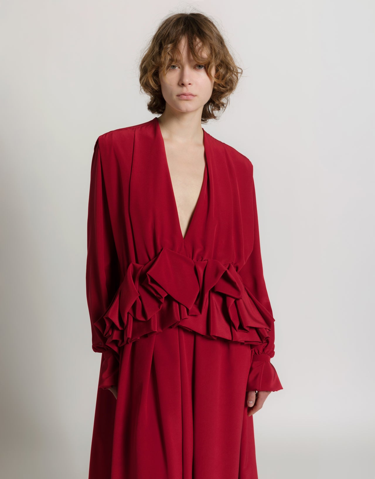 Crepe de chine long dress with rouches