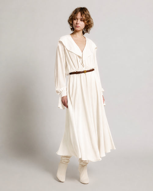 Enver satin long dress with ruffles White Alberta Ferretti Boutique Online 1