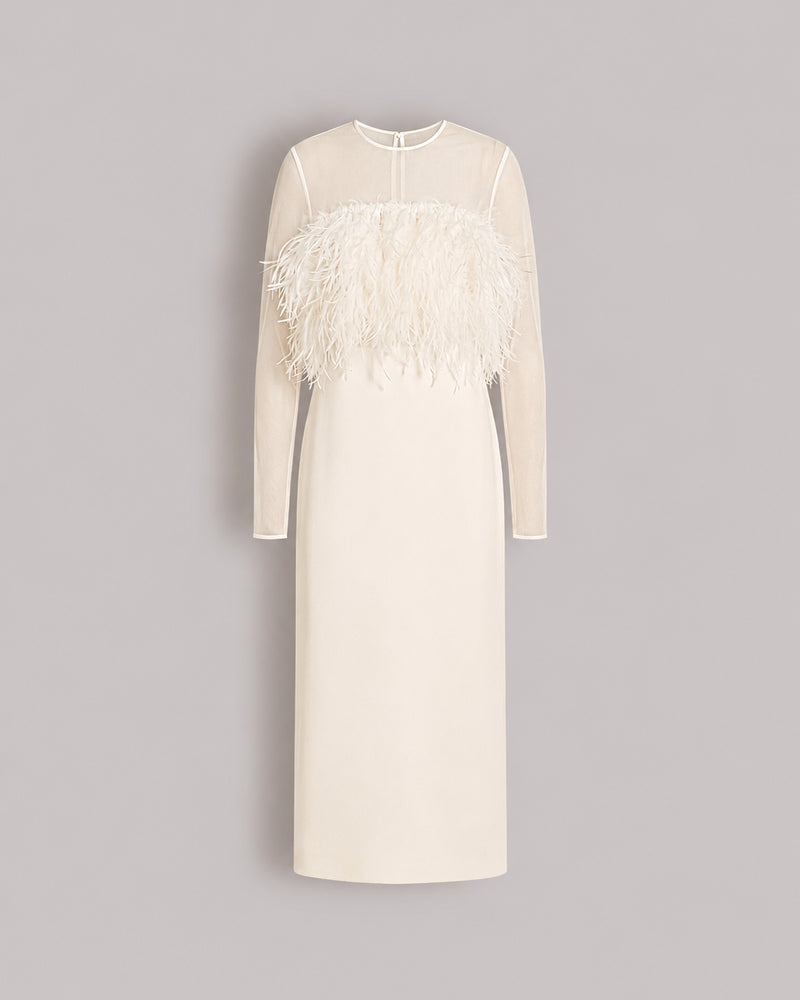 Langes Enver-Satin-Kleid mit Federn und Chiffonärmeln Weiß Alberta Ferretti Boutique Online 0
