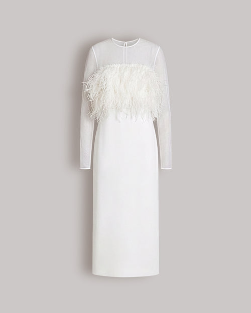 Enver satin long dress with feathers and chiffon sleeves 白色 Alberta Ferretti Boutique Online 0