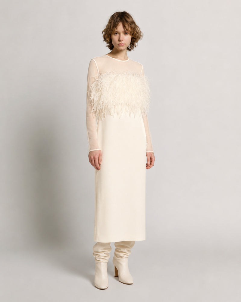 Langes Enver-Satin-Kleid mit Federn und Chiffonärmeln Weiß Alberta Ferretti Boutique Online 1