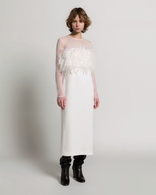 Enver satin long dress with feathers and chiffon sleeves 白色 Alberta Ferretti Boutique Online 1