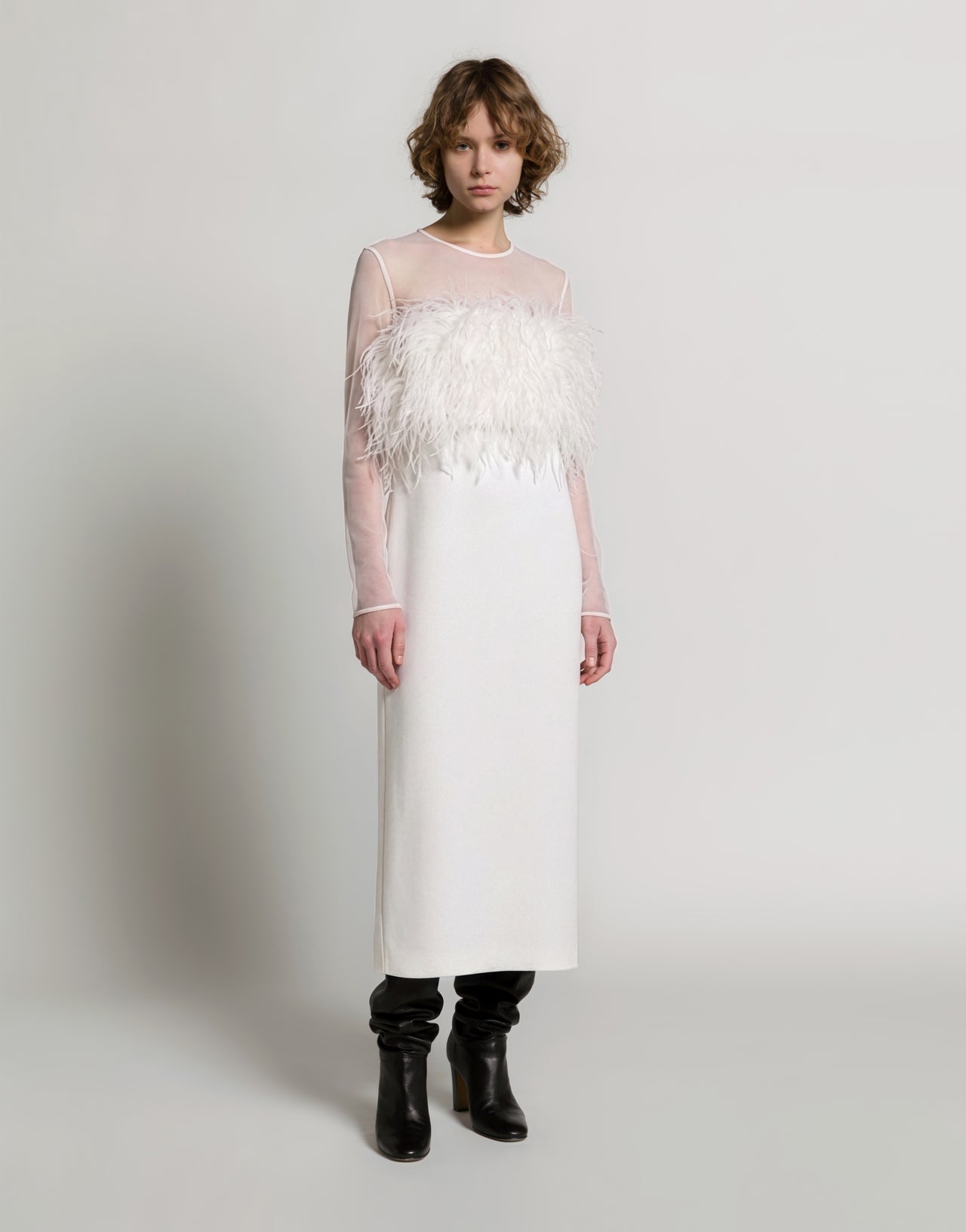 Enver satin long dress with feathers and chiffon sleeves 白色 Alberta Ferretti Boutique Online 2