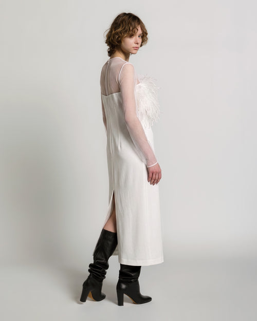 Enver satin long dress with feathers and chiffon sleeves