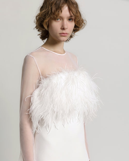 Enver satin long dress with feathers and chiffon sleeves