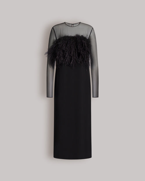 Enver satin long dress with feathers and chiffon sleeves 黑色 Alberta Ferretti Boutique Online 0