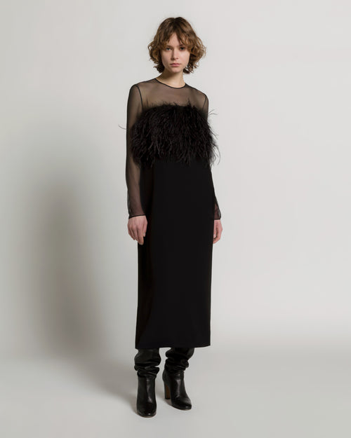 Enver satin long dress with feathers and chiffon sleeves 黑色 Alberta Ferretti Boutique Online 1