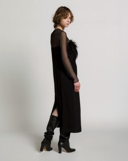 Enver satin long dress with feathers and chiffon sleeves