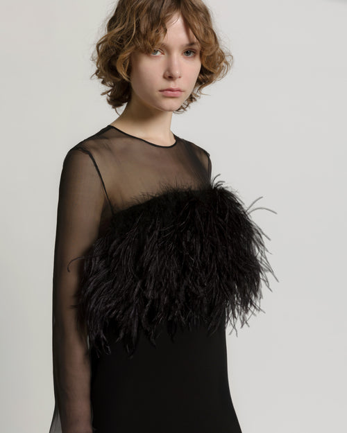 Enver satin long dress with feathers and chiffon sleeves