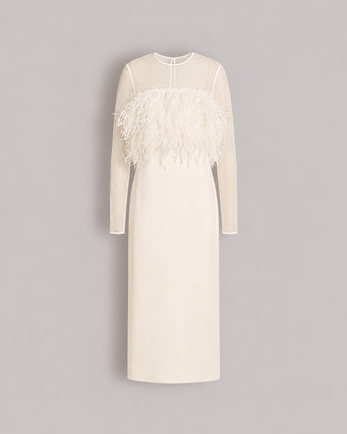 Enver satin long dress with feathers and chiffon sleeves White Alberta Ferretti Boutique Online 0