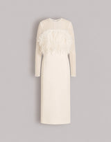 Enver satin long dress with feathers and chiffon sleeves