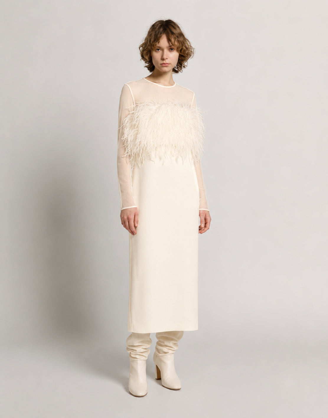Enver satin long dress with feathers and chiffon sleeves White Alberta Ferretti Boutique Online 2