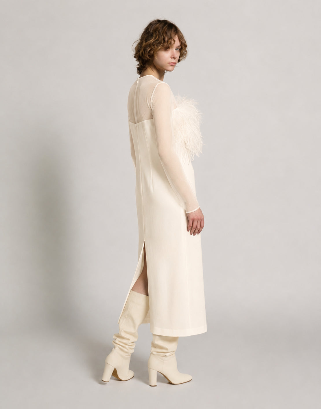 Enver satin long dress with feathers and chiffon sleeves White Alberta Ferretti Boutique Online 3