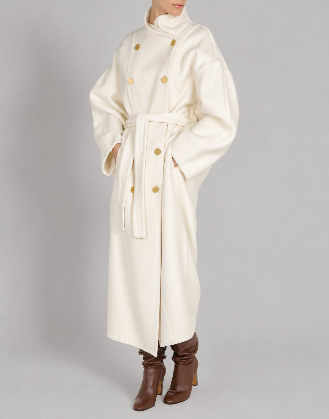 Double-Breasted Wool and Cashmere Double Cloth Long Coat 象牙 Alberta Ferretti Boutique Online 2