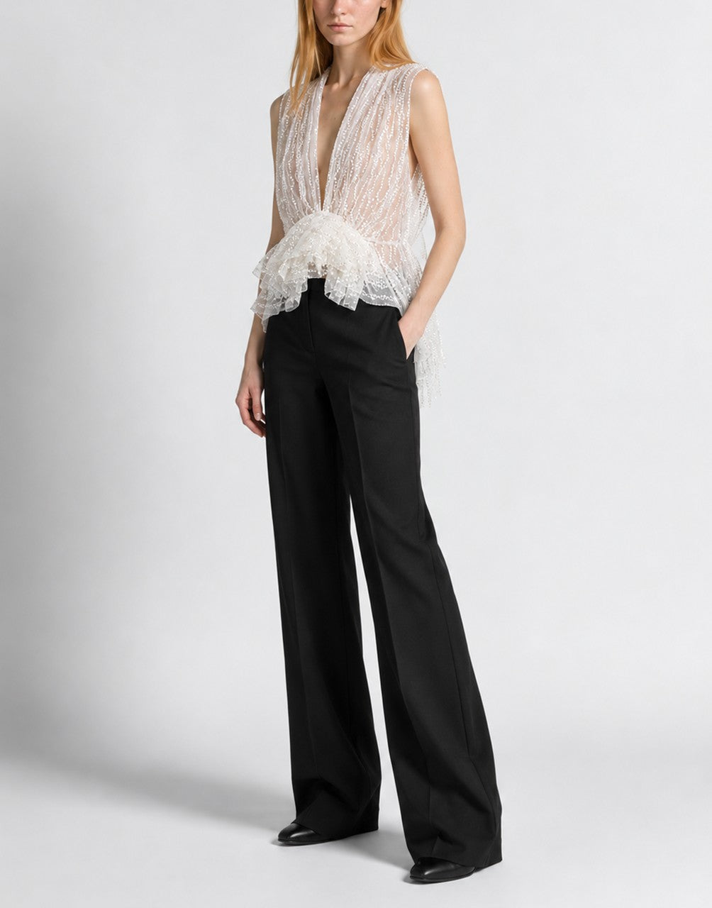 Embroidered Tulle Top with Ruffle White Alberta Ferretti Boutique Online 2