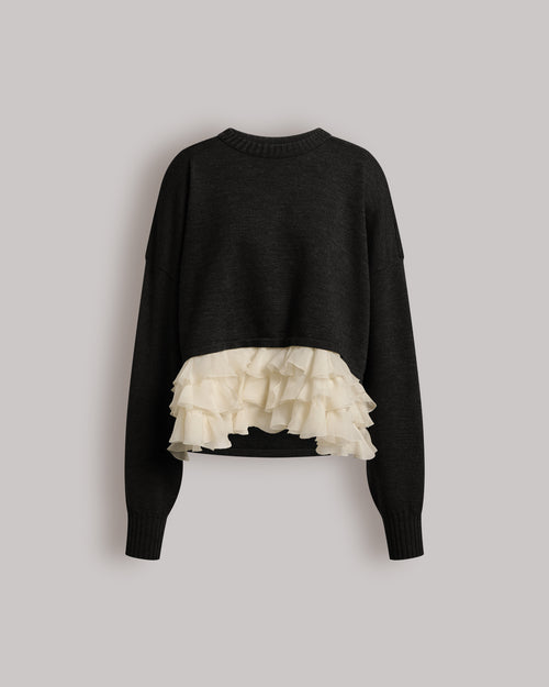Extrafine merino wool sweater with ivory chiffon ruffles Black Alberta Ferretti Boutique Online 0