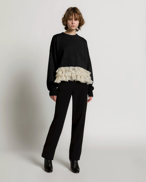 Extrafine merino wool sweater with ivory chiffon ruffles Black Alberta Ferretti Boutique Online 1