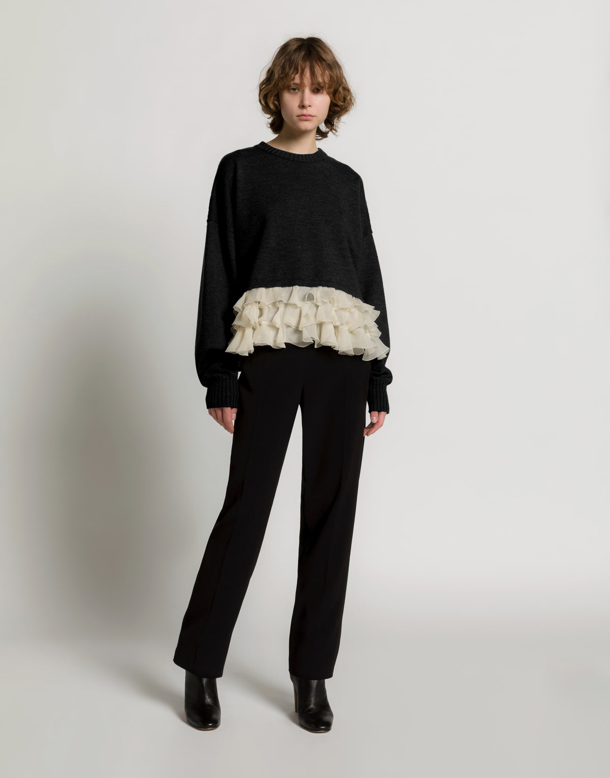 Maglione in lana merino con rouches in chiffon Nero Alberta Ferretti Boutique Online 2