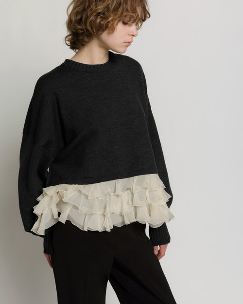 Extrafine merino wool sweater with ivory chiffon ruffles