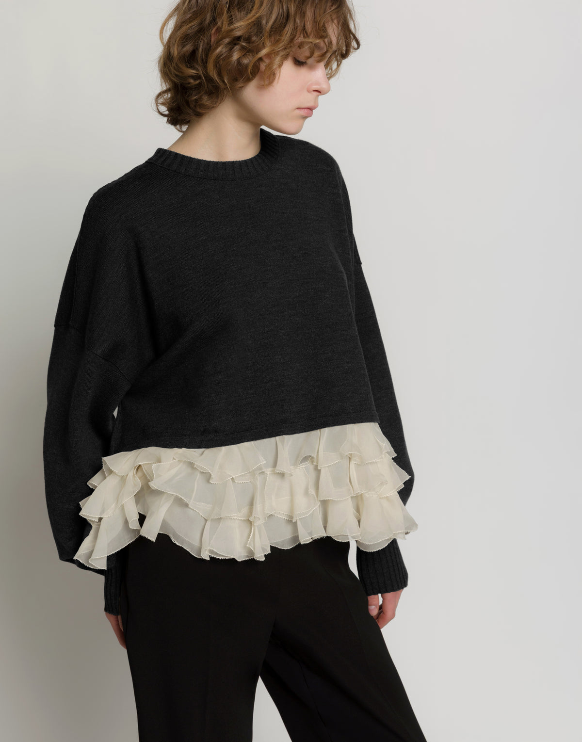 Maglione in lana merino con rouches in chiffon Nero Alberta Ferretti Boutique Online 4