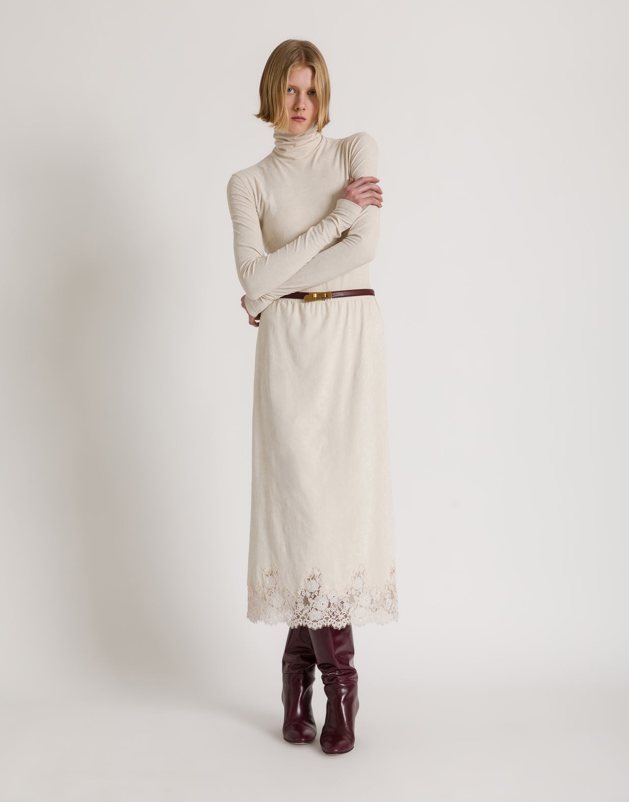 Jupe midi droite avec bordure en dentelle Ivoire Alberta Ferretti Boutique Online 2