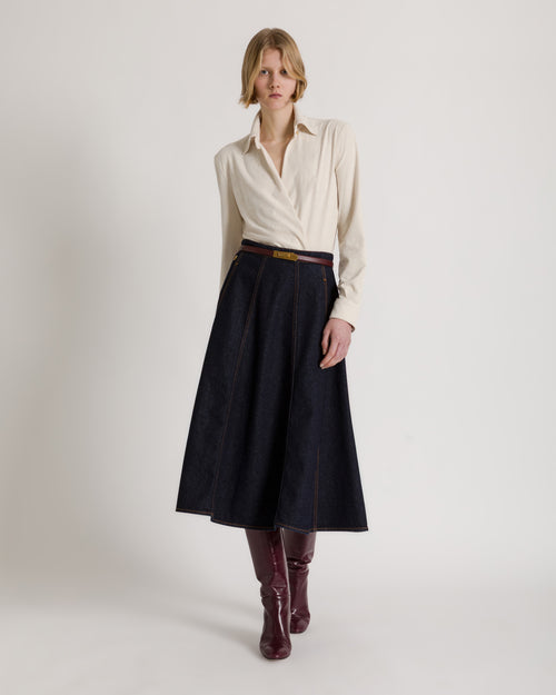 Flared denim midi skirt with AF logo Blue Alberta Ferretti Boutique Online 0